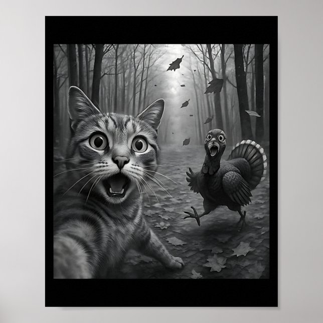 Póster Cat Selfie With Turkey Funny Happy Thanksgiving Da (Frente)