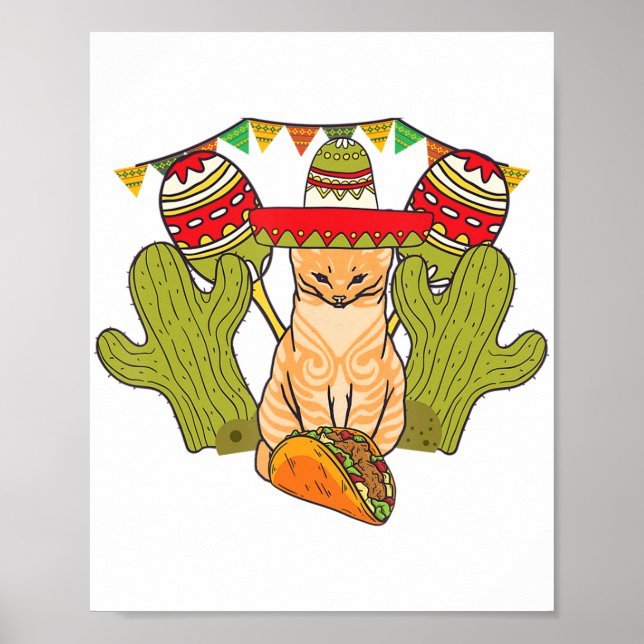Póster Cat Taco Sombrero Fiesta Mexicana Funny Cinco de M (Frente)