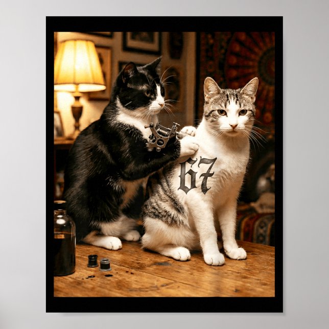 Póster Cat Tattoo Artist 67 Six Seven Seis Siete Brain Ro (Frente)