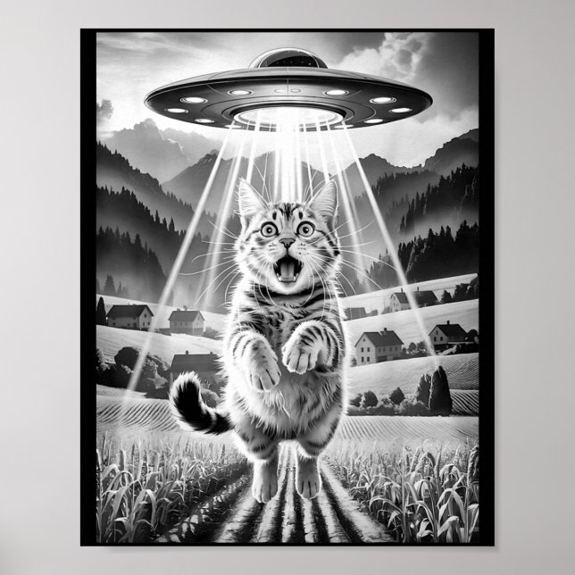 Póster Cat Ufo Alien Abduction Funny Graphic Tees Men Wom (Frente)