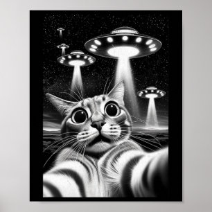 Póster Cat Ufo Gracioso Meme De Invasión Retro Alien Cat 