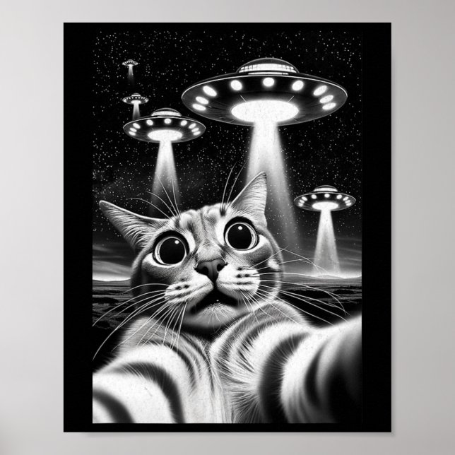 Póster Cat Ufo Gracioso Meme De Invasión Retro Alien Cat  (Frente)