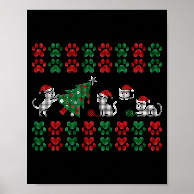 Póster Cat Ugly Sweater Pattern Christmas Knitting  (Frente)