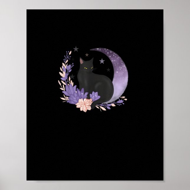 Póster Cat Witchy Moon Flowers Pastel Goth Goblincore (Frente)