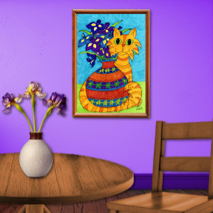 Póster Cat with Irises in Talavera Vase