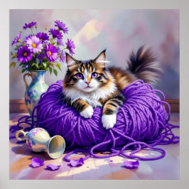 Póster Cat with Purple Eyes in Purple Yarn and Flowers