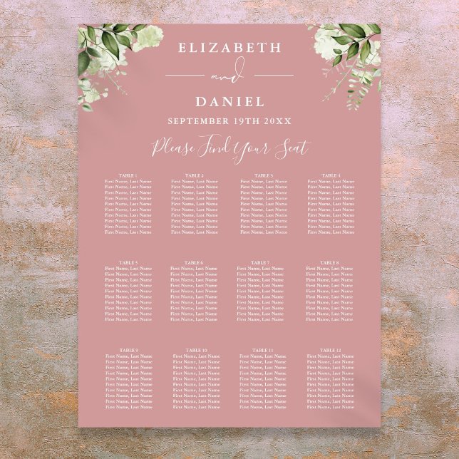 Póster Catálogo de asientos del Boda de vegetación floral (Dusty Rose Floral Greenery Wedding Seating Chart)