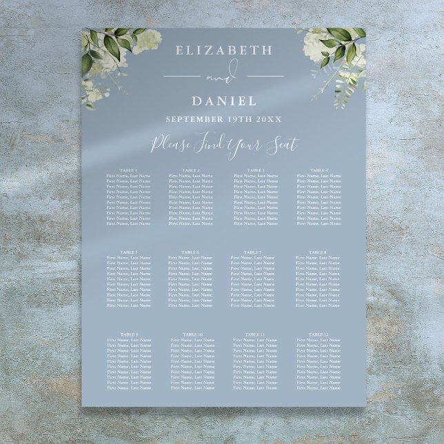Póster Catálogo de asientos del Boda Dusty Blue Floral Gr (Dusty Blue Floral Greenery Wedding Seating Chart)