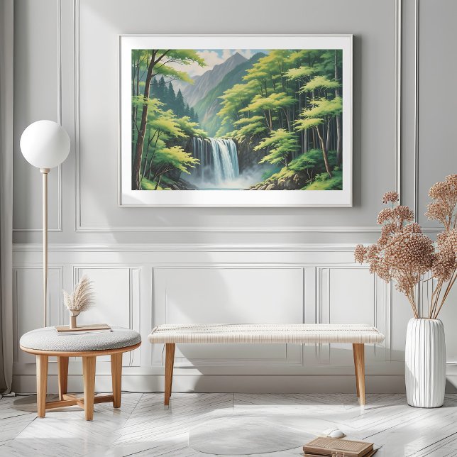 Póster Catarata japonesa en la naturaleza: pintura de ace (Japanese Waterfall in Nature—Serene Oil Painting Mockup 1)