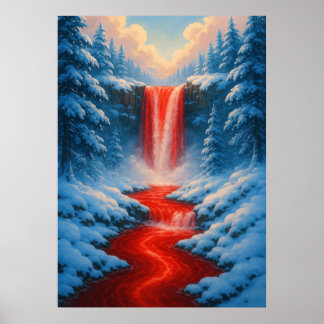 Póster Catarata roja en el paisaje invernal de la nieve