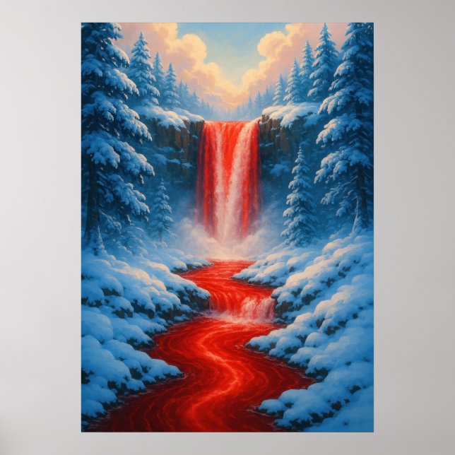 Póster Catarata roja en el paisaje invernal de la nieve (Frente)