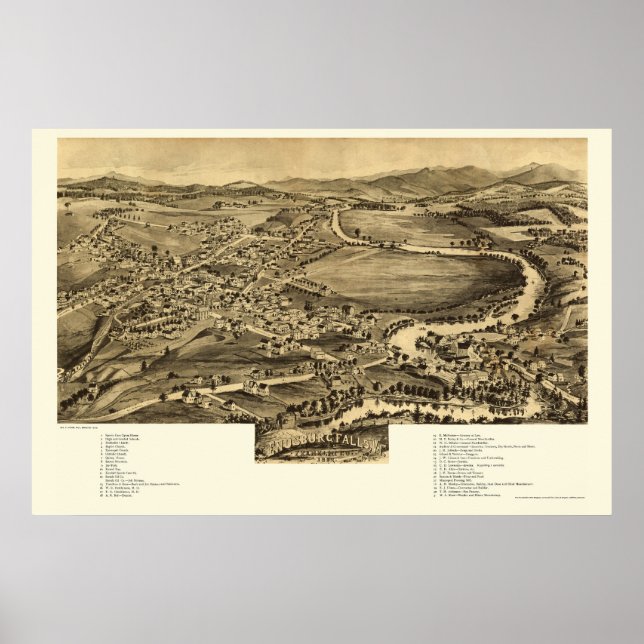 Póster Cataratas de Enosburg, Mapa Panorámico VT - 1892 (Frente)