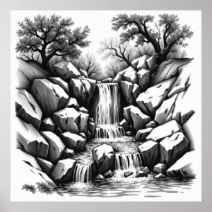 Póster Cataratas de la Serenidad: Waterfall Charcoal Art