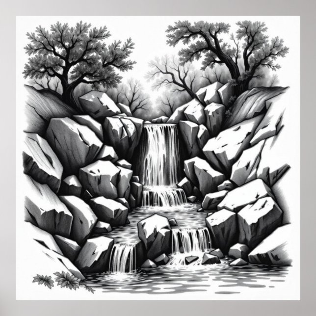 Póster Cataratas de la Serenidad: Waterfall Charcoal Art (Frente)