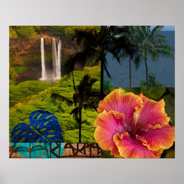 Póster Cataratas Opaeka'a, Collage hawaiano de Kauai (Frente)