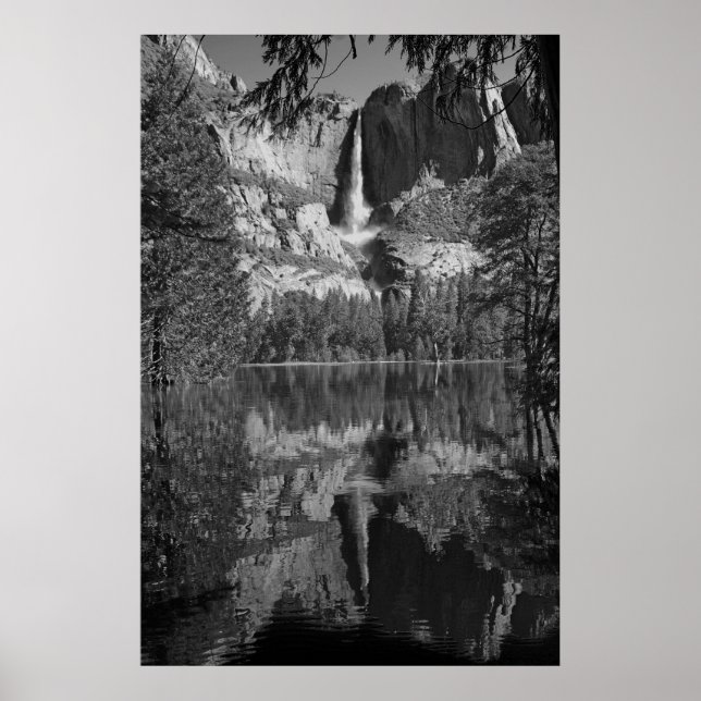 Póster Cataratas Yosemite Reflejo blanco y negro (Frente)