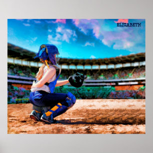 Póster Catcher De Softball Y Pintura De Estadio