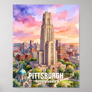 Póster Catedral de Aprendizaje de Pittsburgh en acuarela 