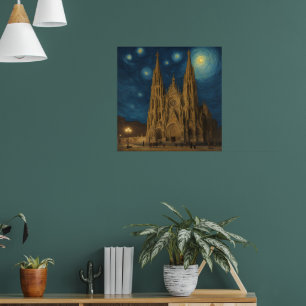 Póster Catedral de Barcelona al estilo vogh nocturno