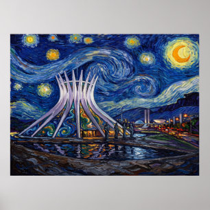Póster Catedral de Brasília Bajo Noche Estrellada