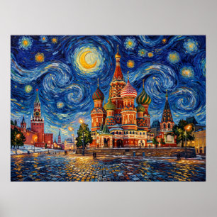 Póster Catedral de San Basilio Moscú Bajo Noche Estrellad