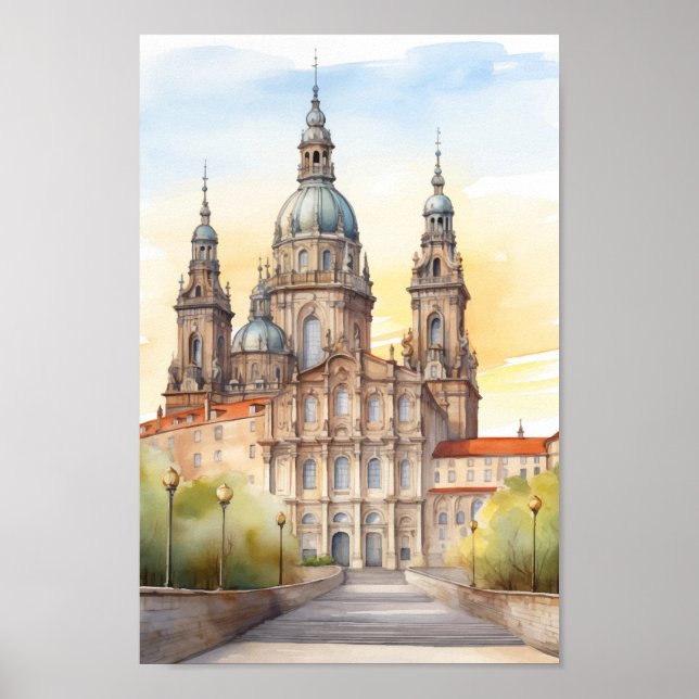 Póster Catedral de Santiago España Famoso lugar de viaje (Frente)