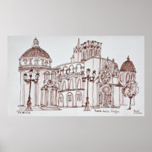 Póster Catedral de Valencia en la Plaza de la Virgen