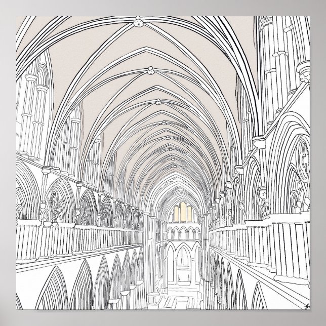 Póster Catedral del Interior de Salisbury | Dibujo de lín (Frente)