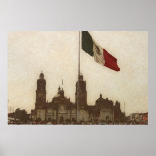 Póster Catedral en el Zocalo del DF con la Bandera 12
