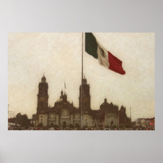 Póster Catedral en el Zocalo del DF con la Bandera 12