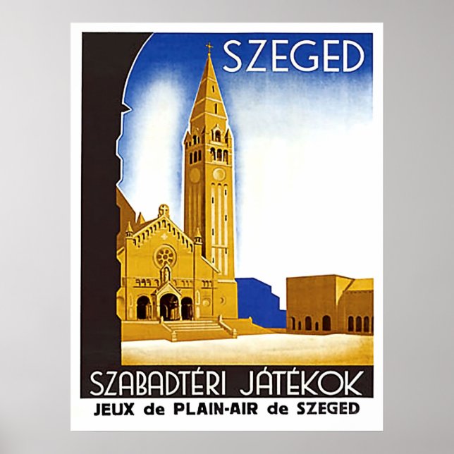 Póster Catedral en Szeged, Hungría, poster de viajes vint (Frente)