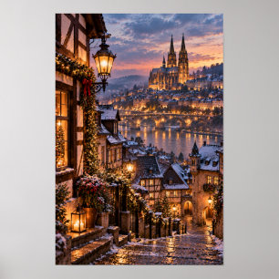 Póster Catedral Europea junto al río Atardecer de inviern