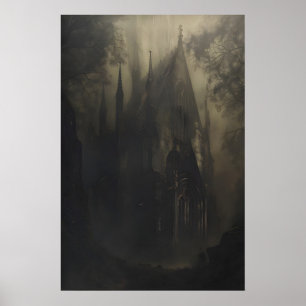 Póster Catedral Gótica Embrujada en Bosque Oscuro Oscuro