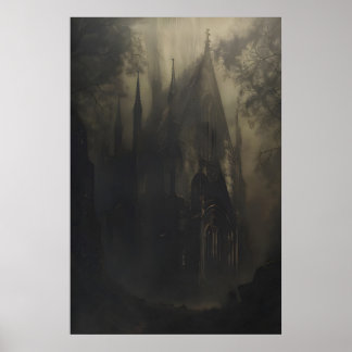 Póster Catedral Gótica Embrujada en Bosque Oscuro Oscuro