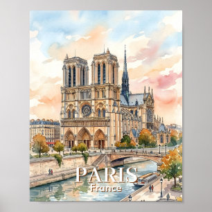 Póster Catedral Notre Dame de París Acuarela Viajes