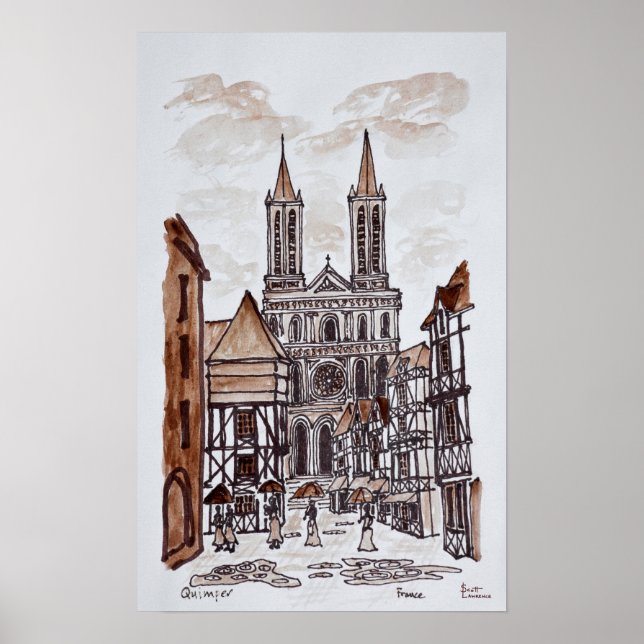 Póster Catedral y casas normandas | Quimper, Francia (Frente)