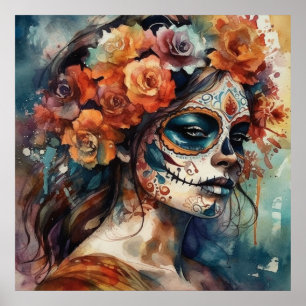Póster Catrina vibrante de acuarela del Día de los Muerto