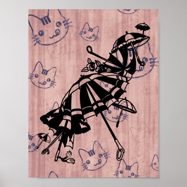 Póster Cats Faces Sombrillas Umbrellas Pintura de tinta (Frente)