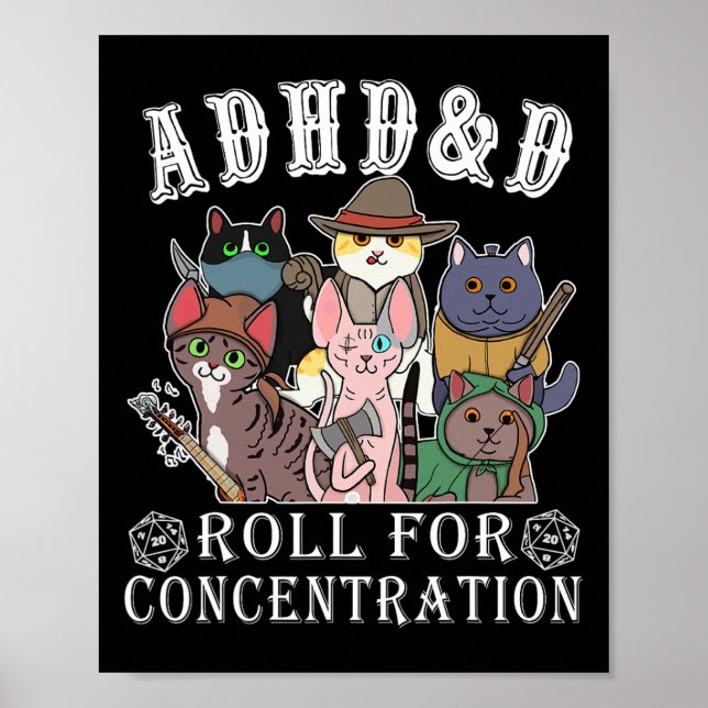Póster Cats Rpg Gamer Roll For Concentration D20 Dice Ner (Frente)