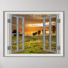 Póster Cattle Ranch Faux Window Countryside Twilight