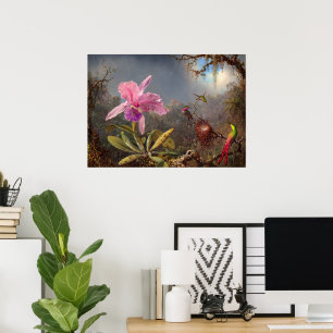 Póster Cattleya Orchid y tres Hummingbirds por Heade