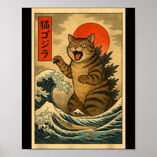 Póster Catzilla Cat Japanese Art Funny Cat For Men Women  (Frente)
