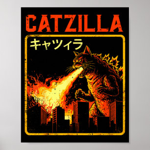 Póster Catzilla Gato Monstruo Divertido Parodia Japonesa