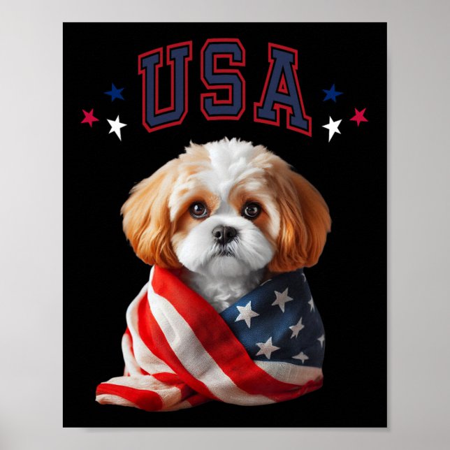Póster Cavachon Perro Usa América Bandera Patriótica Memo (Frente)
