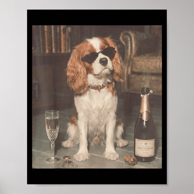 Póster Cavalier King Charles bebiendo champán divertido (Frente)