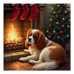 Póster Cavalier King Charles junto a la chimenea Navidad