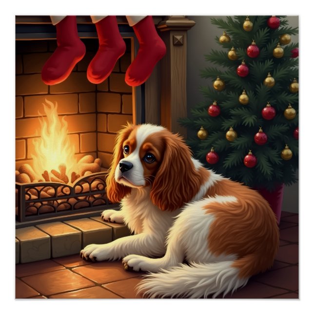 Póster Cavalier King Charles junto a la chimenea Navidad (Anverso)