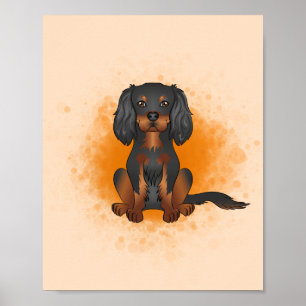 Póster Cavalier King Charles negro y bronce sobre naranja
