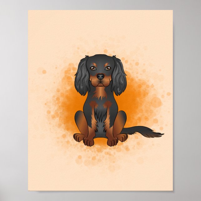 Póster Cavalier King Charles negro y bronce sobre naranja (Frente)