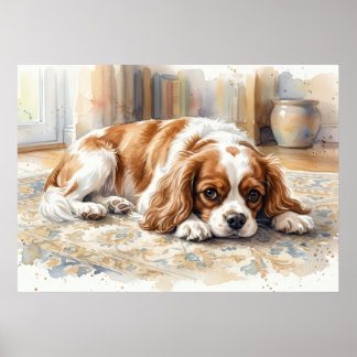 Póster Cavalier King Charles Spaniel acostado acuarela
